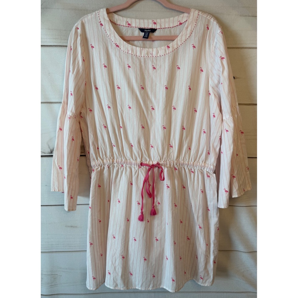 Hatley Pink Flamingo Stripe Organic Cotton Tunic Bell Sleeve Tassel Top L